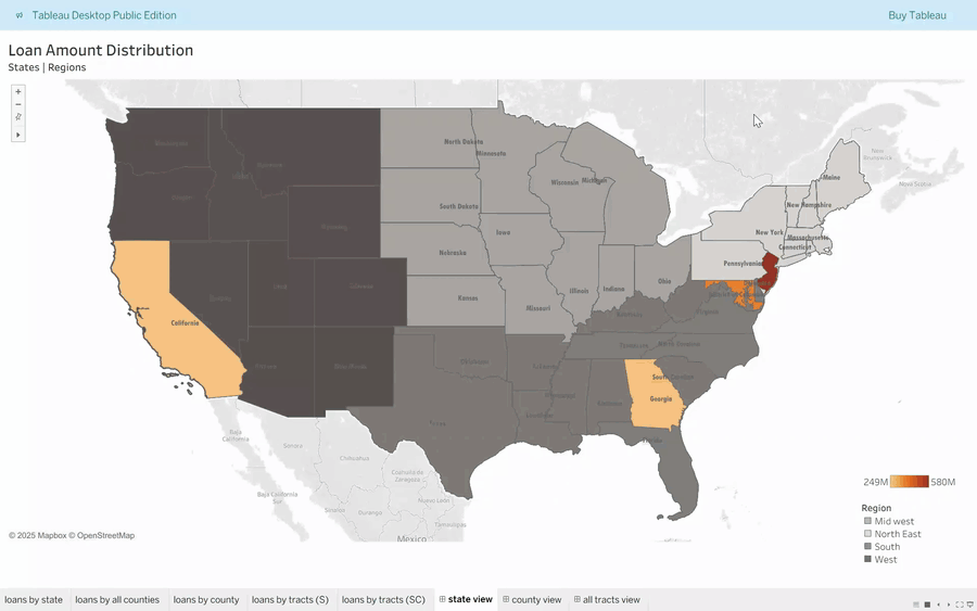 Loan Fairness Distribution workbook — drilling from state view to county view to census-tract view, filtered by race and bank