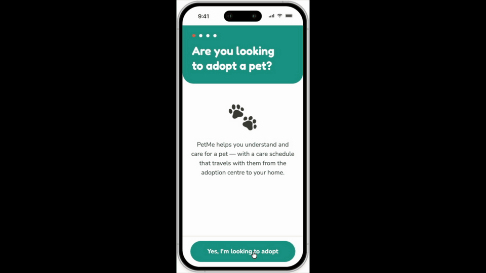 PetMe app walkthrough: the adoption-intent question, the Responsible Petting care guide, a pet profile with a vaccination reminder, and finding and booking a veterinary provider