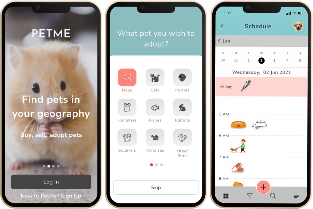 PetMe prototype — welcome, pet picker and care schedule screens