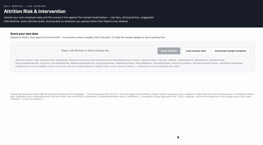 Workforce attrition prototype — live walkthrough of risk scores and matched interventions, sped up 2x