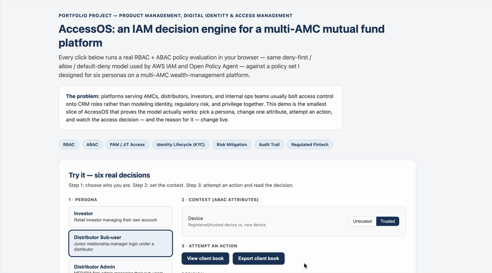 AccessOS demo walkthrough: choosing a persona, toggling an ABAC attribute, attempting an action, reading the allow/deny decision and reason, and the Platform Engineer's request-approve-auto-expire PAM flow, all logged to the live audit trail
